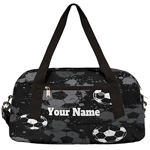 Custom Your Name Black Soccer Football Personalized Text Gym Duffle Bag for Kids,Sports Bag for Teens Boys & Girls Small Waterproof Overnight Weekender Carry School Practice Travel Bag