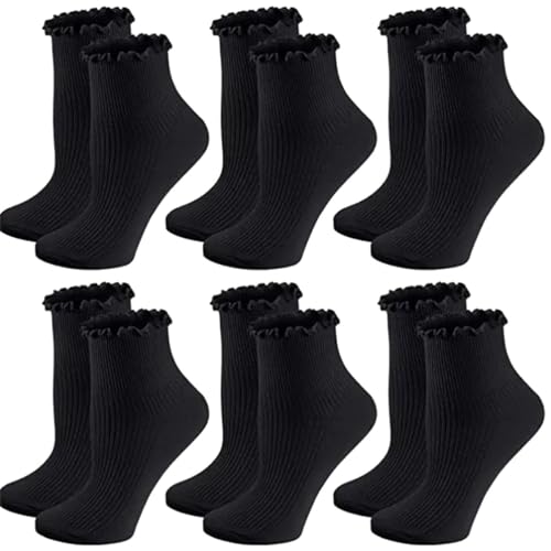 Ruffle Ankle Socks Women, Cute Lace Crew Frilly Sock, Turn-Cuff Casual Ankle Comfort Breathable 6 Pack