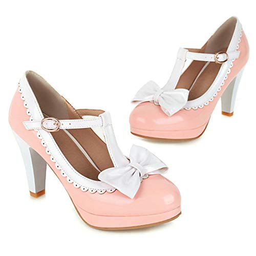 VOKLIN Women's Girls Lolita Platform T-Strap Mary Jane Pumps Ankle Strap High Heels Bow Oxford Dress Shoes2