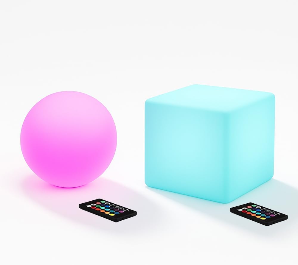 8-inch LED Cube Light & LED Ball Light: Rechargeable, Dimmable 16 RGB Colors with Remote Control, Waterproof, as Mood Lamp Stylish Decorative Elements