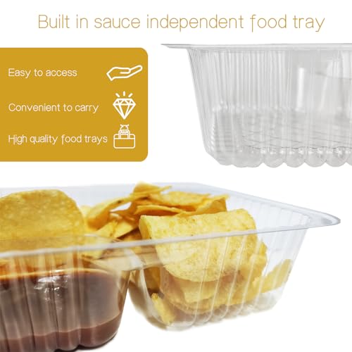 25 PC Nacho Trays Disposable, 12oz Plastic Nacho Containers with Chip and Dip Holder, 6x5 In 2 Compartments Clear Snack Trays for Kids,Parties, Movie Night Supplies (Plastic-12oz-25pc)