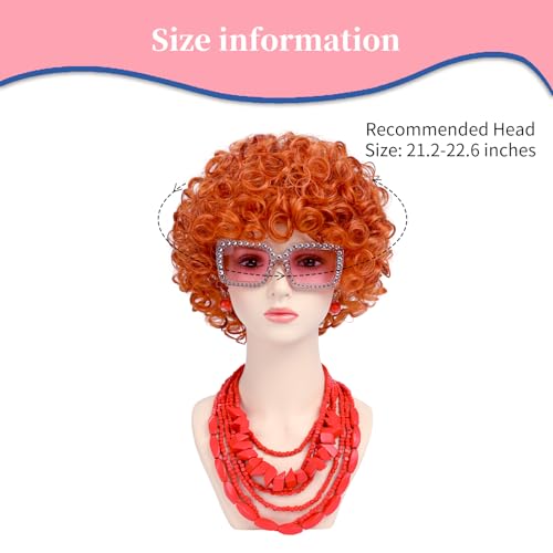 Image of Women Roper Curly Orange Red Cosplay Wig with Necklace Earrings and Sunglasses for Women Hallween Costume Wig