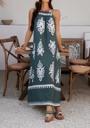 Image of Sulozom Summer Maxi Dresses for Women 2025 Casual Floral Halter Sleeveless Boho Dress Flowy Beach Vacation Outfits