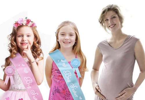3 Pieces Big Sister Accessory Set, Include Big Sister Satin Sash, Badge Pin and Flower Crown for Baby Shower Party2