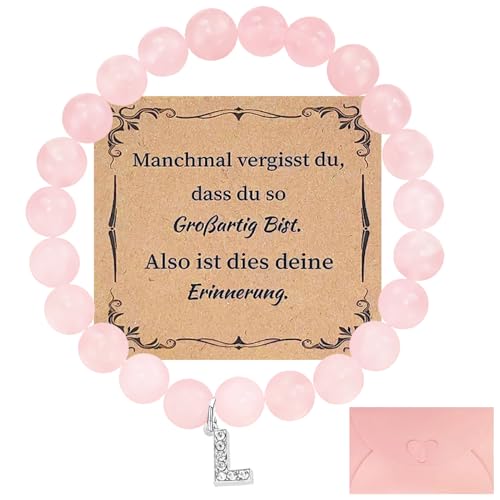 Zoonvii Armband mit Buchstaben Rosenquarz,Rosenquarz Edelstein Armband,Geburtstag Geschenk Weihnachten,armband Edelsteinfür Mutter,Mädchen, Schwester Freundin（L）