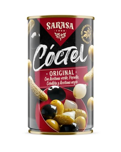 Cóctel Mix de aceituna negra, aceituna verde, cebollita y pepinillo SARASA (PESO NETO350g (PESO ESCURRIDO170g), 6 LATAS)
