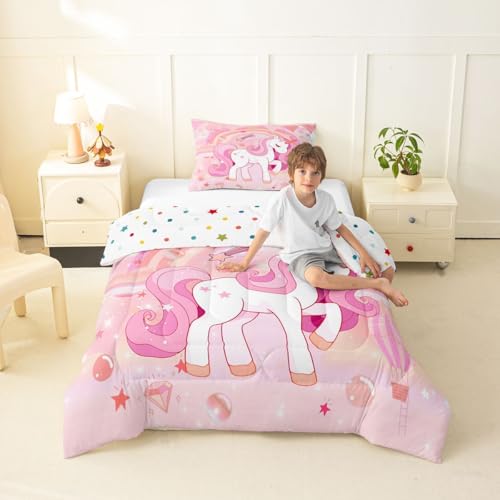 Image of Erosebridal Unicorn Bedding Set for Girls Twin Kawaii Rainbow Unicorn Comforter Set Bedroom Decor for Girls Kids Cartoon Horse Duvet Insert Ombre Stars Quilt Comforter Pink 2 Pcs