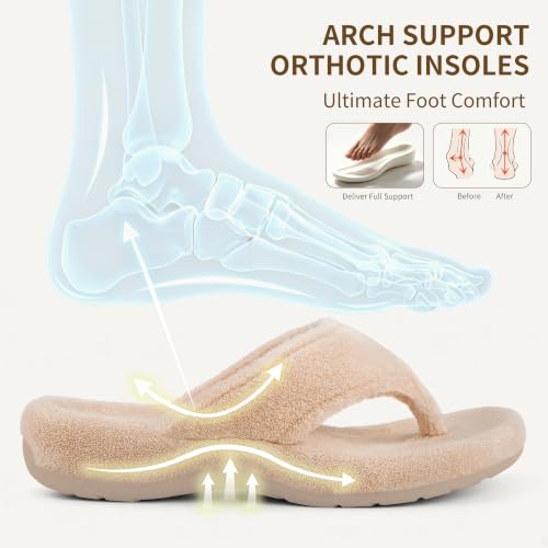 Image of BCSTUDIO Women's Orthopedic Flip Flop Fuzzy Slippers with Arch Support | Plantar Fasciitis Spa Thong Orthotic Slippers for Women, Open Toe, Non-slip Sole, Machine Washable, Indoor Outdoor