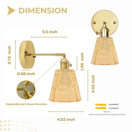 Image of Pensar Vintage Wall Sconce with Amber-Tone Textured Glass, Adjustable Brass Arm and Gold Finish Base, Warm Ambient Glow for Bedroom, Hallway, Living Room, or Cozy Corners
