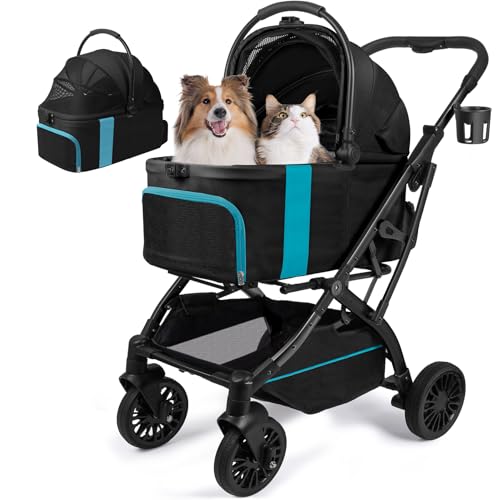 Image of Small Dog Stroller, Pet Stroller for Small Dogs, 5-in-1 Dog Strollers - Fold All in One Without Detaching Carrier, Pet Strollers with Removable Waterproof Carrier for Dogs Cats 10 lbs 20 lbs - Black
