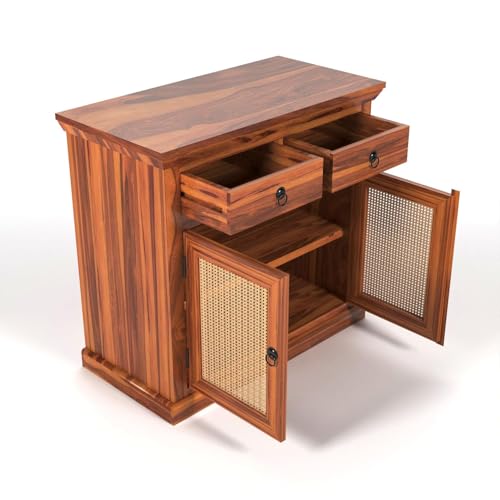 Image of Solid Sheesham Wood Sideboard Cabinet with Cane Woven Doors 2 Rack and 2 Drawers | Wooden Storage Cabinet for Living Room & Dining Room (Honey Finish)