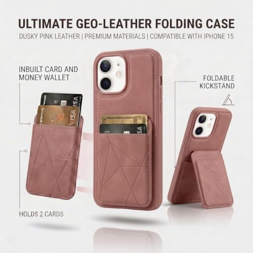 Image of amazon basics Premium Vegan Leather Back Cover with Card Holder and Integrated Mobile Stand for iPhone 15 - Slim Shockproof Wallet Case with Geometric Stitching [Pink]
