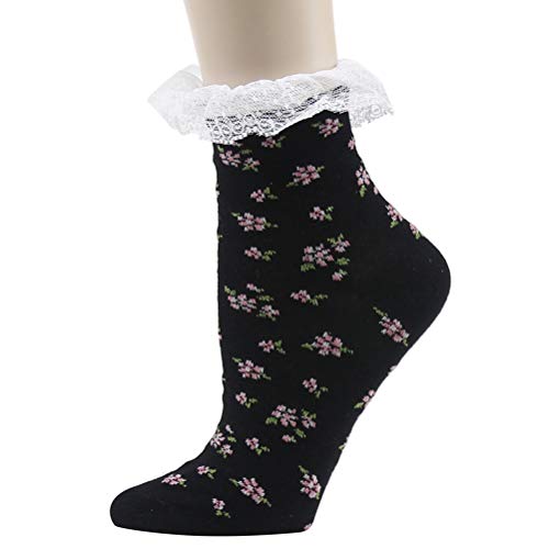 Image of KitNSox Funcat Women's Lace Ruffle Frilly Colorful Floral Cotton Casual Novelty Ankle Socks 4 /5 /6 Pairs