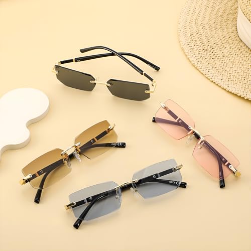 Utensilsto 4 Stück Rahmenlose Rechteck Sonnenbrille, Vintage Retro Rave Brillen für Damen Herren, Quadratische Gläsern, Getönte Sonnenbrille, Klassische