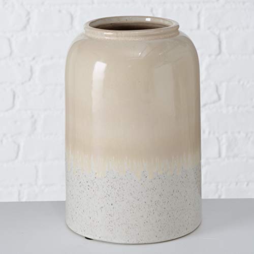 Buff Stoneware Vase, Drip Glazed, Beige And Grey, Dark Flecks, Pads On Bottom, Milk Jar Body, Narrow Neck, Protective Pads, 6.75 D X 7.75 H Inches, 3.5 Lbs (17D X 20.0 H Cm, 1550 Grams) #TOP5