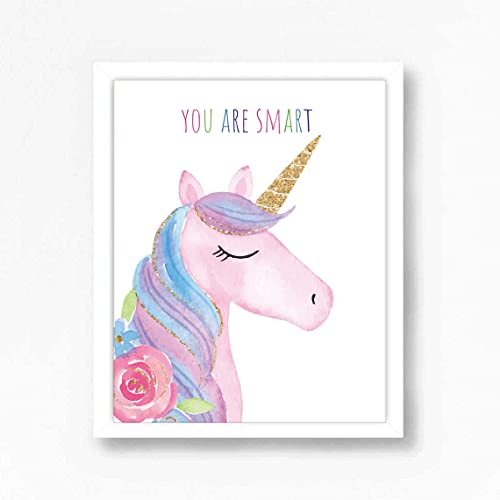 Watercolor Unicorn Nursery Wall Art Girls Room Decor Inspirational Rainbow Flower Prints Baby Girls Room Poster Colorful Picture Cute Paintings For Kids Room Lovely Gift (8X10 Inch，Set Of 4，Unframed) #TOP2