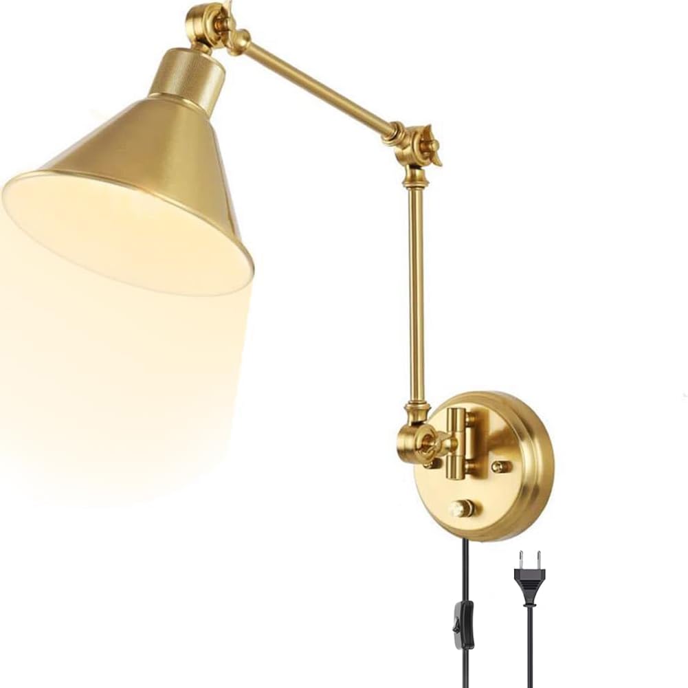 LOGT Adjustable Wall Light with Switch Dimmable Wall Sconce Plug and Cable Swivel Arm Wall Lights Indoor Long Arm Swing Wall Reading Lamp Adjustable Silver Wall Illumination with Articulated Arm