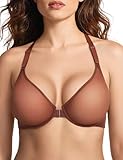 Upushall Women's Racerback Sexy Sheer Front Closure Plunge Bra Balconette See-Through Unlined Underwire Bras Coffee 38 E