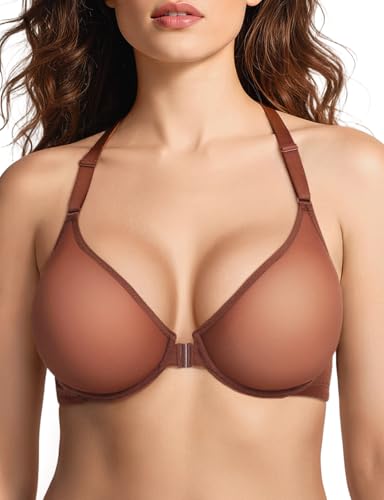 Upushall Women's Racerback Sexy Sheer Front Closure Plunge Bra Balconette See-Through Unlined Underwire Bras Coffee 38 E