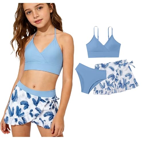 JiJiRuDU Bikini Mädchen Bikini Teenager Mädchen 3 Stück Bikinis Set Bikinioberteil mit Triangel Bikinihose und Rock Schwimmanzug für 8-16 Jahre