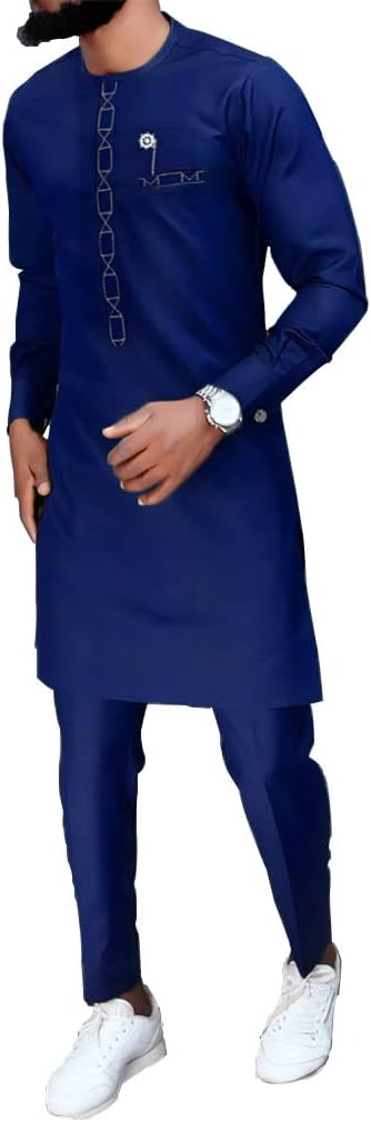 YANKIA Men's African Outfits Long Sleeve 2 Piece Set Dashiki Suit Shirt and Pant Traditional Tribal Top Clothing (Color : Blue, Size : 4X-Large)