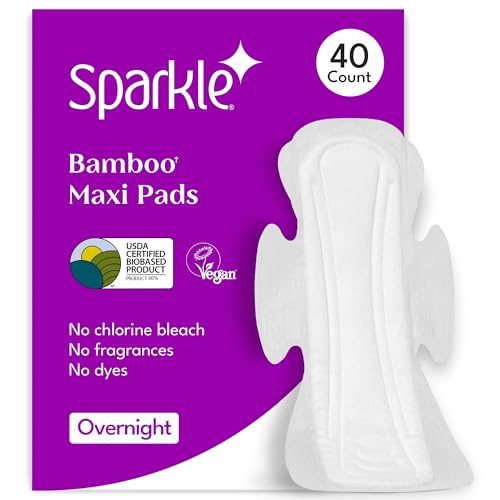 Sparkle Bamboo Maxi Pads | Plant-Based Feminine Hygiene Pads for Women | Super Soft & Leak-Proof with Wings | USDA Certified Biobased, Chlorine-Free, Hypoallergenic Protection | Overnight, 40 Count