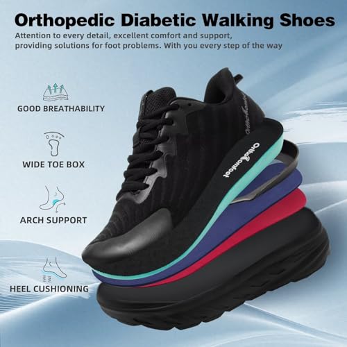 Image of Women's Orthopedic Diabetic Wide Toe Box Running Shoes: Comfortable Arch Support Plantar Fasciitis Orthotic Athletic Sneakers, Casual Work Tennis Walking Shoes for Swollen Feet, Hee & Foot Pain Relief