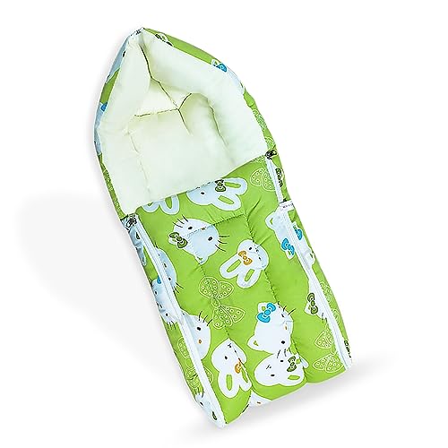 Image of MOM & Son Baby Bedding Set Mattress with Net & Baby Sleeping Bag (0-3 Months) (Green Kitty & Green)