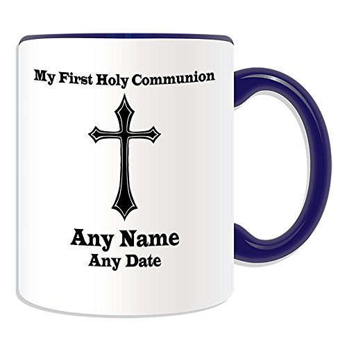 Taza personalizable con diseño teístico de religión, con texto en inglés 'My First Holy Comunion Holy Cross Sharp (tema de diseño teístico de religión, opciones de color), cualquier nombre/mensaje en su único, con logotipo de Tarot mágico, símbolo de tatuaje, tótem, emblema, decoración de fantasía gótica, punk, cultural, diosa, bruja, mago, brujo, brujo, brujo, ángel, salomón, vampiro, ocultismo, misterio, celta, católico, católico, católico, católico, católico, católico, celta Bautismo Cristo Confirmación Natividad Bendición Padrino Madrina Bebé Infantil Iglesia Catedral