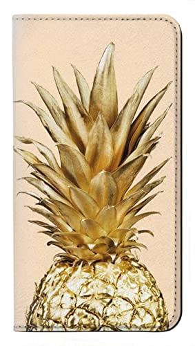 Housse cuir iPhone 15 avec rabat, etui flip antichoc ananas doré