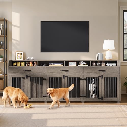 AMERLIFE 95 Large Dog Crate Furniture with Storage, 3-Room Indoor Wooden Dog Kennel for Large-Medium Dogs, TV Stand & Sideboard with Drawers & Removable Divider, Grey