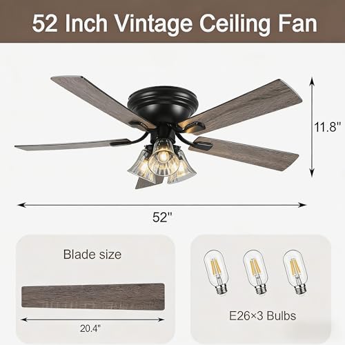 Image of 52 inch Flush Mount Vintage Ceiling Fan with Lights and Remote Control, Farmhouse Rustic Ceiling Fan Low Profile Fandelier Chandelier for Bedroom Living Room Kitchen, 3 E26 Bulbs (Not Included)