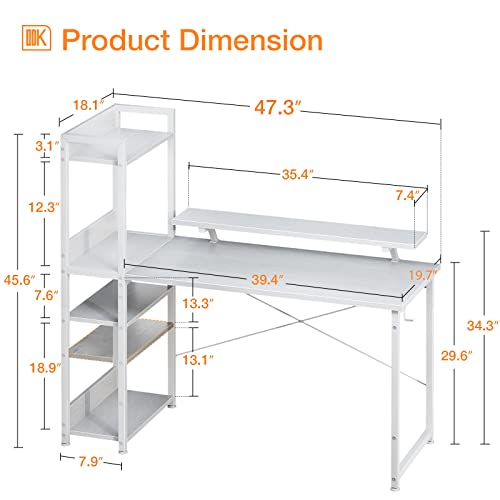 Odk Computer Desk With Storage Shelves And Monitor Stand, 48 Inch Writing Desk With Bookshelf, Reversible Study Table For Home Office, Small Space Bedroom, White #TOP2