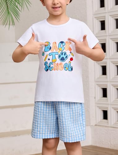Image of OBEEII Back to School Outfit Toddler Boy Short Sleeve Graphic Shirt Gingham Shorts First Day of School Summer Clothing Set
