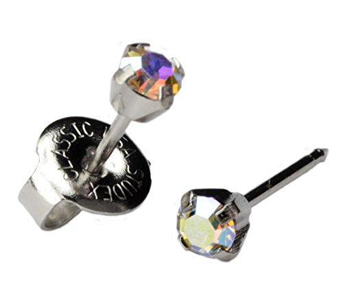Silver Ear Piercing Earrings 3Mm Rainbow Crystal Stud Stainless Studex System 75 Hypoallergenic #TOP12