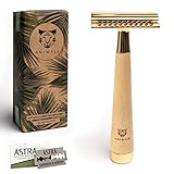 ANYMALE® Rasierhobel Ahornholz Gold - inklusive 5 Astra Klingen - Plastikfreier Rasierer für Damen und Herren mit Griff aus Holz