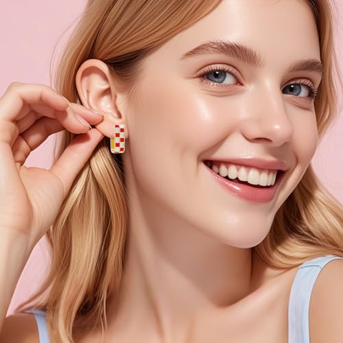 18K Gold Filled Dainty Checkered Hoop Earrings for Women, Stylish Enamel Checked Pattern Huggie Earrings, Gold Statement Earrings，Multicolor Hypoallergenic Jewelry,Birthday Gifts for Her2