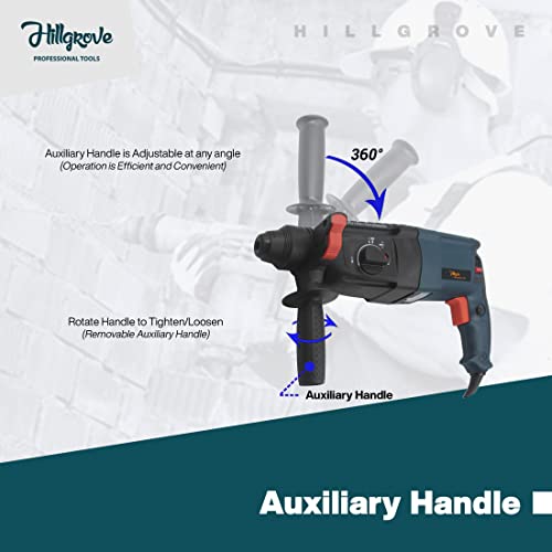 Image of Hillgrove HGCM121M1 26mm Hammer Impact Drill Machine Forward /Reverse Rotation with Drill Chunk(13mm),5 Pcs Hand Tools and HSS Drill Bits for Making Holes in Metal /Wood /Concrete Hammer Drill (1200W)