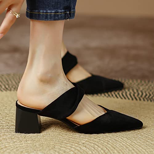 KISSASA Womens Pointed Toe Chunky Low Heel Mules Faux Suede Block Heel Slides Heeled Sandals2