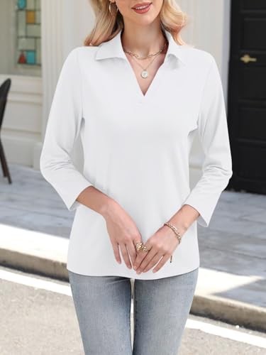 ORANDESIGNE Women's 3/4 Sleeves V Neck Polo Shirts Casual Summer Tops Basic Collar Cute Tees4