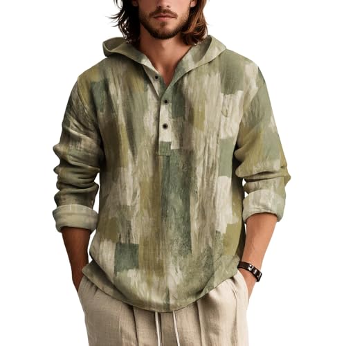 Camo Hoodies for Men Fall Casual Long Sleeve Button Up Hooded Shirts Lightweight Baggy Pullover Sweatshirts