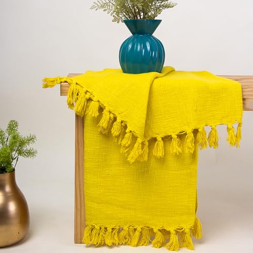 Image of Cotton Throw Handmade Sofa Blanket - Soft & Cozy 50X60 Inches, Premium Cotton, Lightweight & Stylish for Sofa, Bed, Living Room, Bedroom - Elegant Home Decor (Yellow)