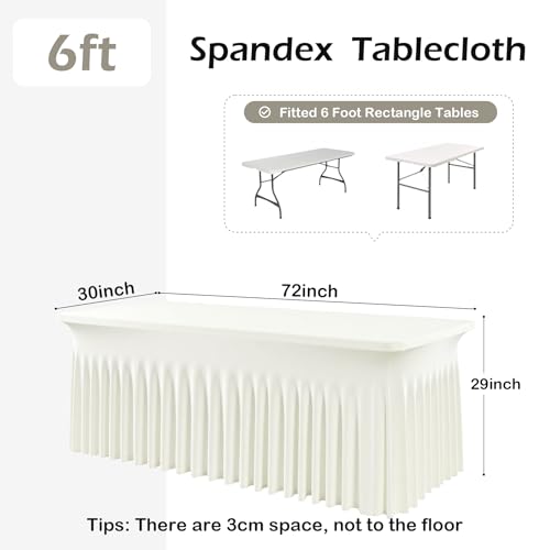 Image of 6 pk Ivory Spandex Tablecloth 6ft with Ruffle Skirts,Wrinkle Free High Stretch Cream Fitted Tablecloths for 6 Foot Rectangle Tables,Elastic Spandex Table Covers 6 ft for Parties Weddings Banquet