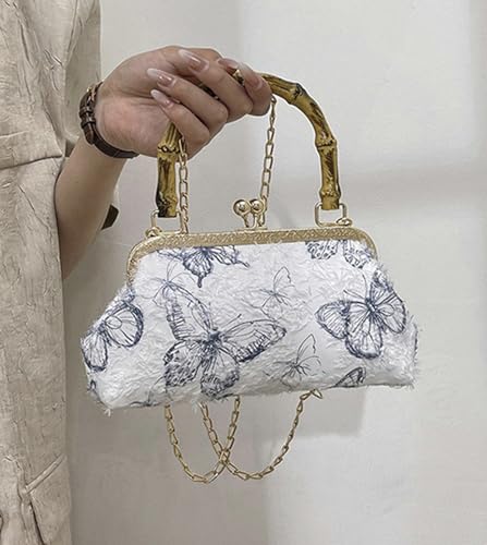 Bamboo Handle Handbag Women Elegant Kiss Lock Clutch with 3D Butterfly Embroidery Crossbody Purse Chinese Style2