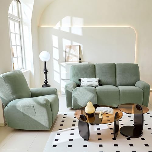 Chickwin Funda Sillon Relax Reclinable, Jacquard Elástico Funda Sillón Reclinable con Bolsillos Laterales 4/6/8/10 Piezas Funda Sofá Reclinable Extraíbles Lavables (Verde Salvia, 1 Plaza)