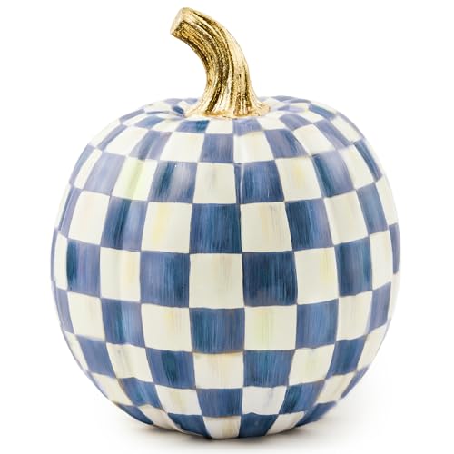 Image of MACKENZIE-CHILDS Resin Pumpkin, Small, Blue-and-White Royal Check