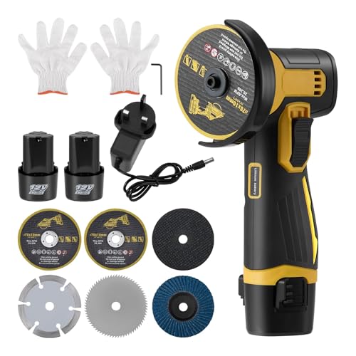 12V Mini Cordless Angle Grinder Mini Angle Grinder Tool with 3 in Grinding Disc 6 Cutting Discs & 2PCS Batteries 19500 RPM Cordless Angle Grinder Tool Set for Cutting Polishing and Grinding