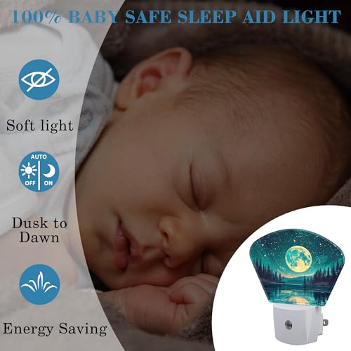 Image of Fantasy Lake Forest Plug in Night Lights, Full Moon in Starry Sky Nightlight Plug Into Wall Dusk to Dawn Sensor for Kid Girls Boys Women Men Room, Hallway, Kitchen, Bathroom, Stairs Decor