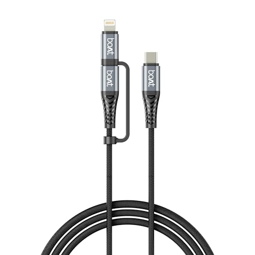 boAt FlexiCharge 250 Cable with 2-in-1 Connectivity Type-C to Type-C + Lightning Cable; 60W/3A PD Fast Charging, 480 Mbps Data Sync, 1.2 m (3.9 ft),10000+ Bends Lifespan, Nylon Braided (Carbon Black)