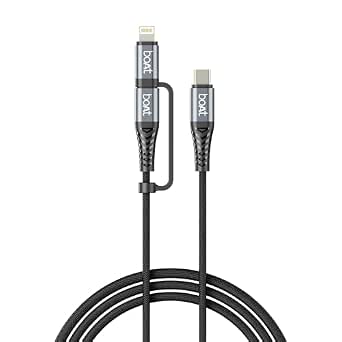 boAt FlexiCharge 250 Cable with 2-in-1 Connectivity Type-C to Type-C + Lightning Cable; 60W/3A PD Fast Charging, 480 Mbps Data Sync, 1.2 m (3.9 ft),10000+ Bends Lifespan, Nylon Braided (Carbon Black)